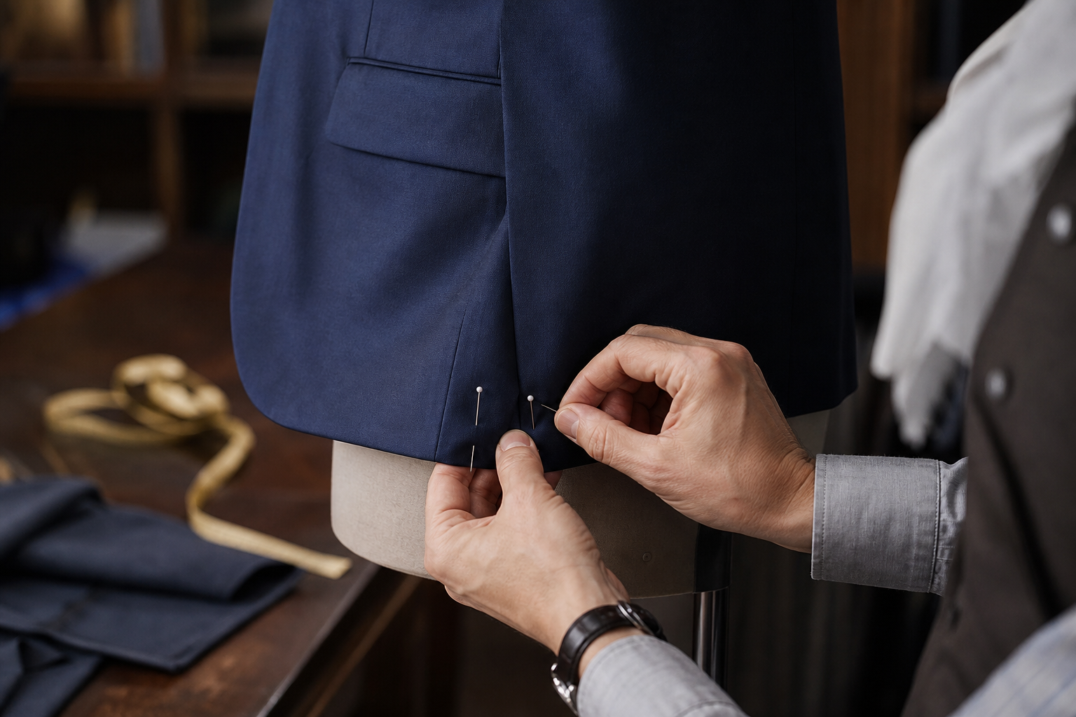 Hands pinning the hem of a navy jacket on a dress form