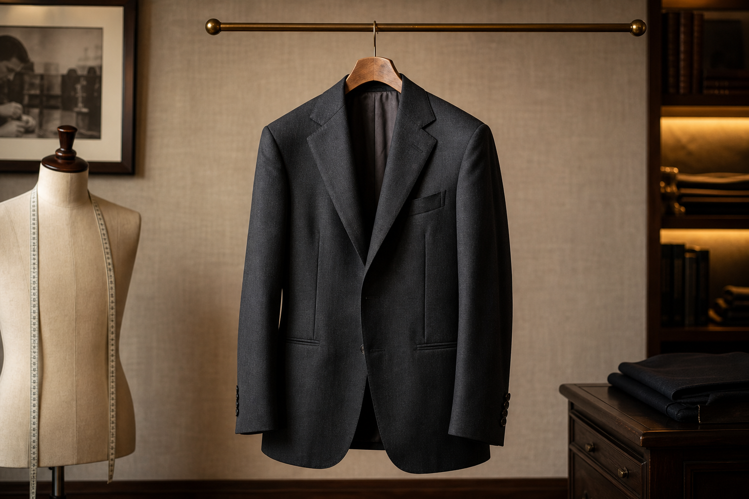 Charcoal made-to-measure suit jacket on a form