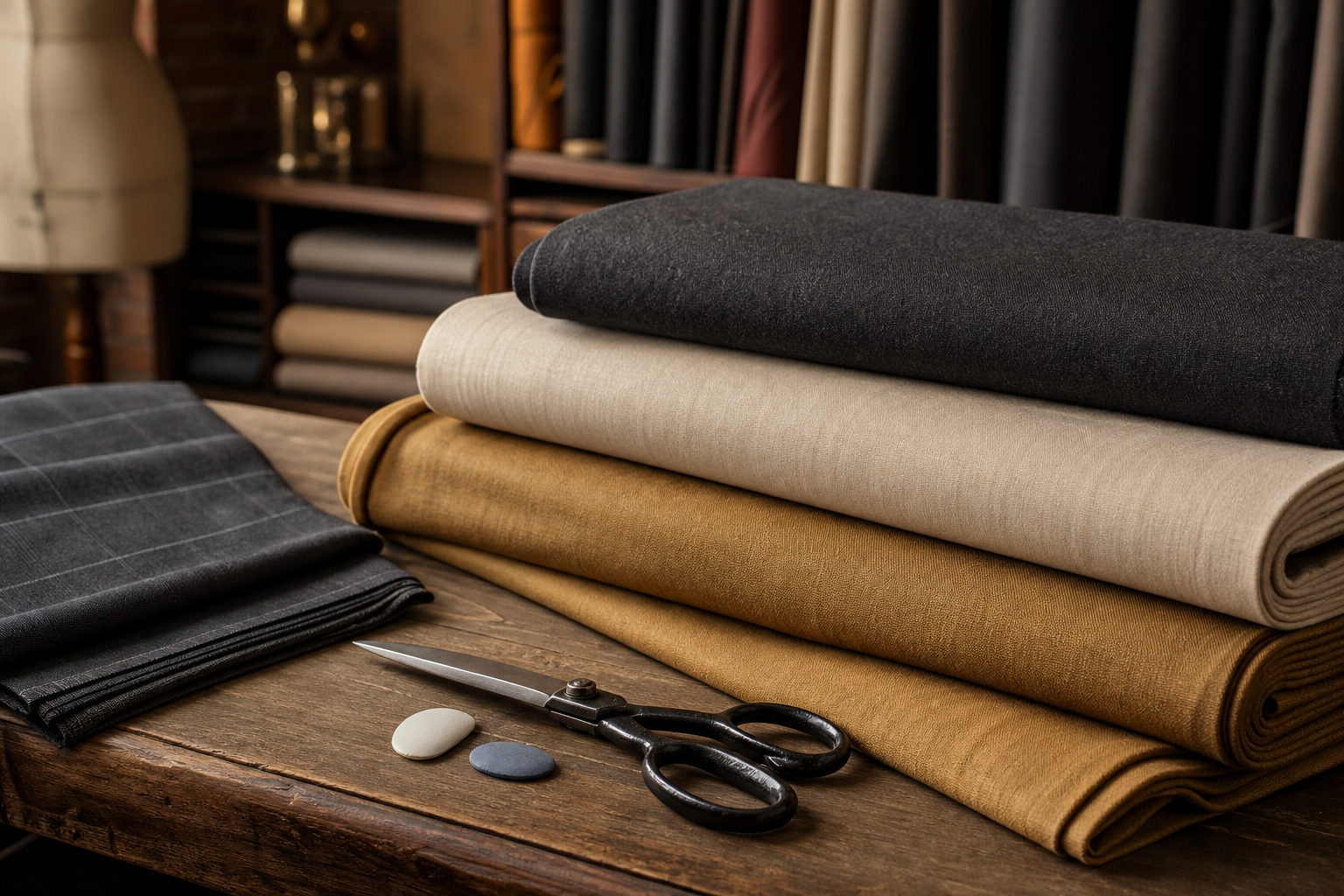 Bolt of wool cloth and chalk on the cutting table