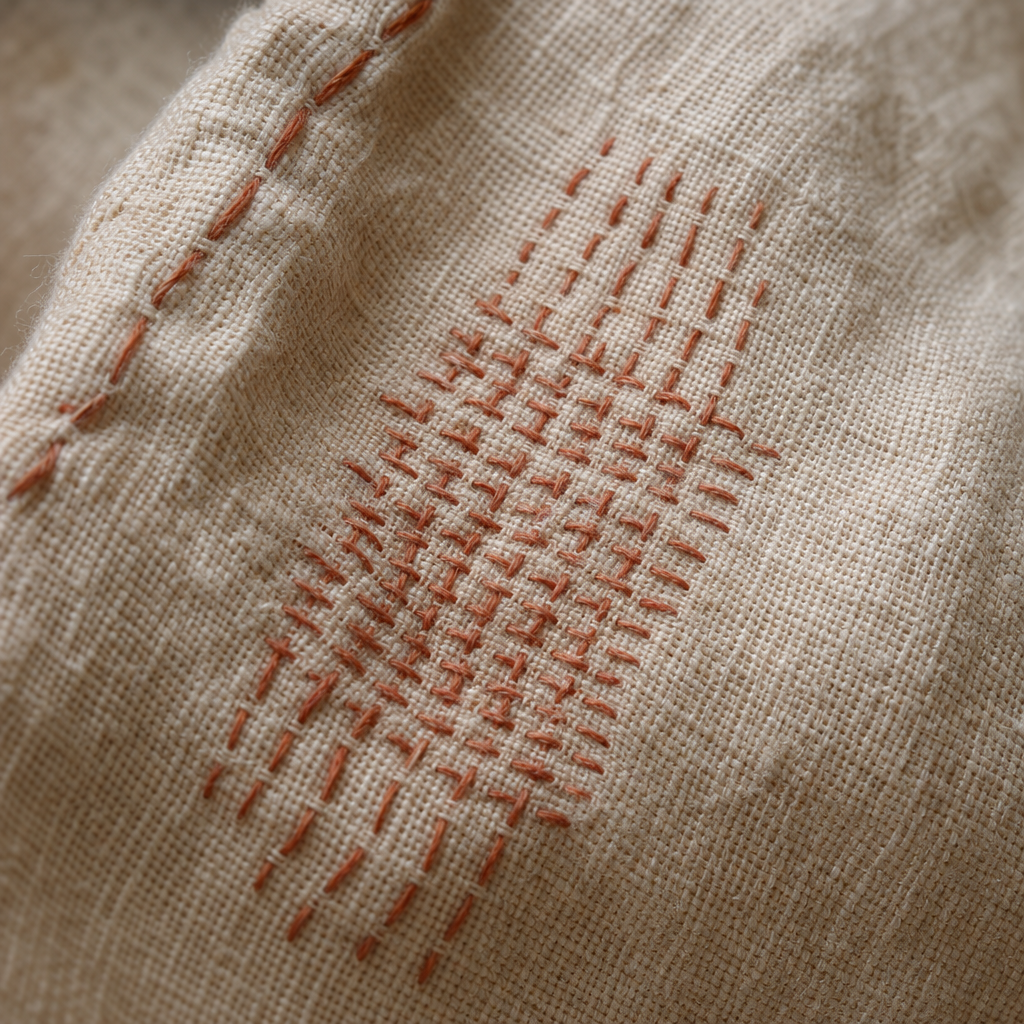Hand stitching a garment seam at the workbench