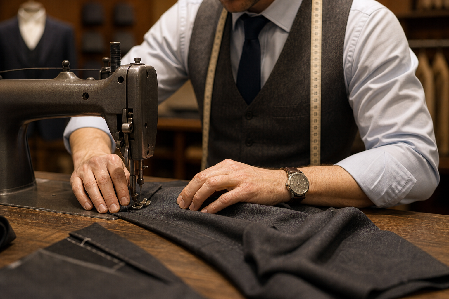 Tailor sewing a wool garment at the atelier machine