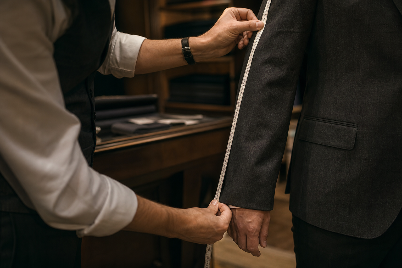 Measuring tape and chalk marks on a tailored jacket