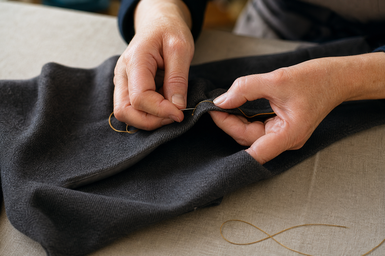 Hands guiding fabric under a sewing machine needle
