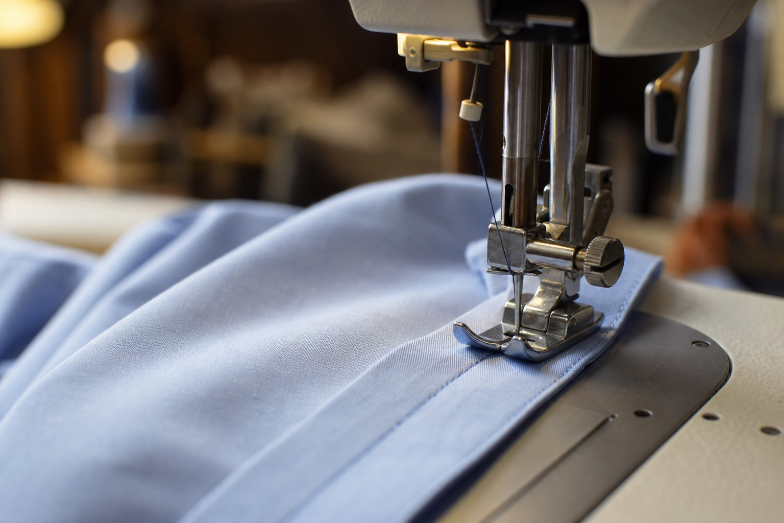 Industrial sewing machine stitching a garment seam